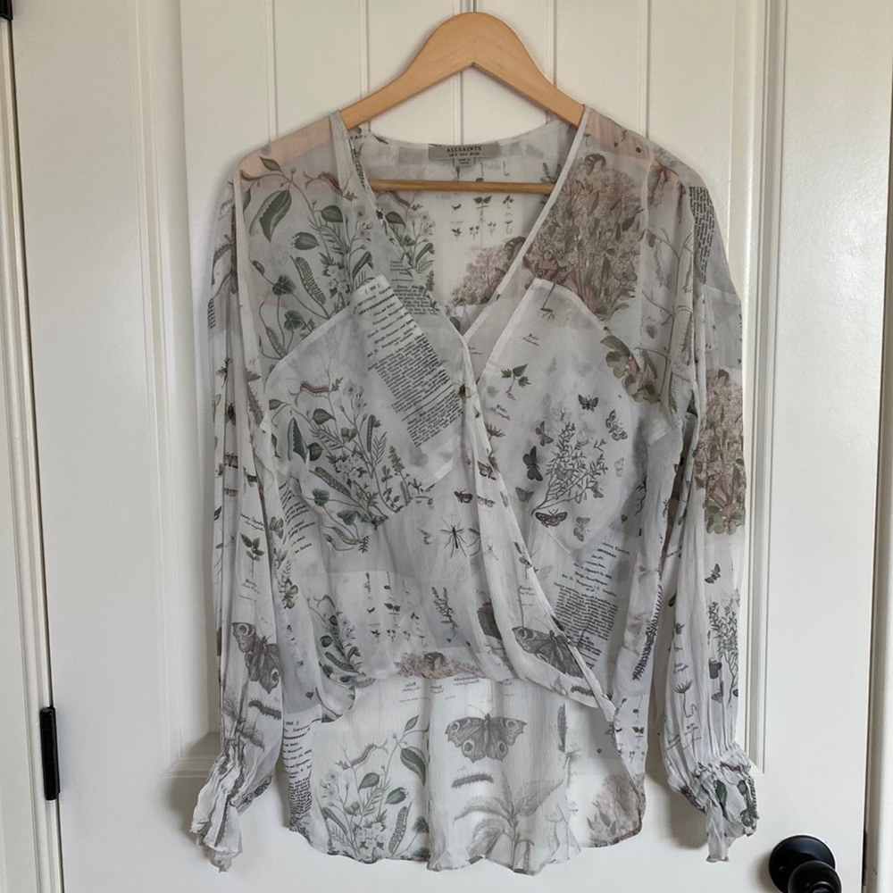 All Saints Sheer Botanical Print Wrap Blouse in Off-White and Green